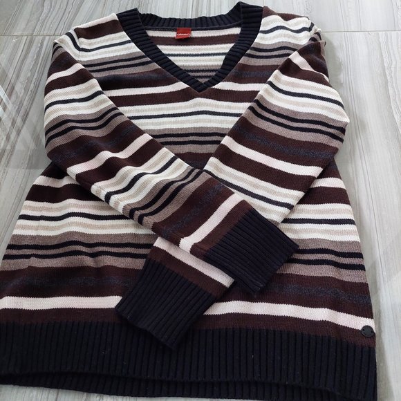 Olsen Cotton Blend Long Sleeve Stripped V-Neck Women's Sweater, Size 8 - Picture 2 of 5